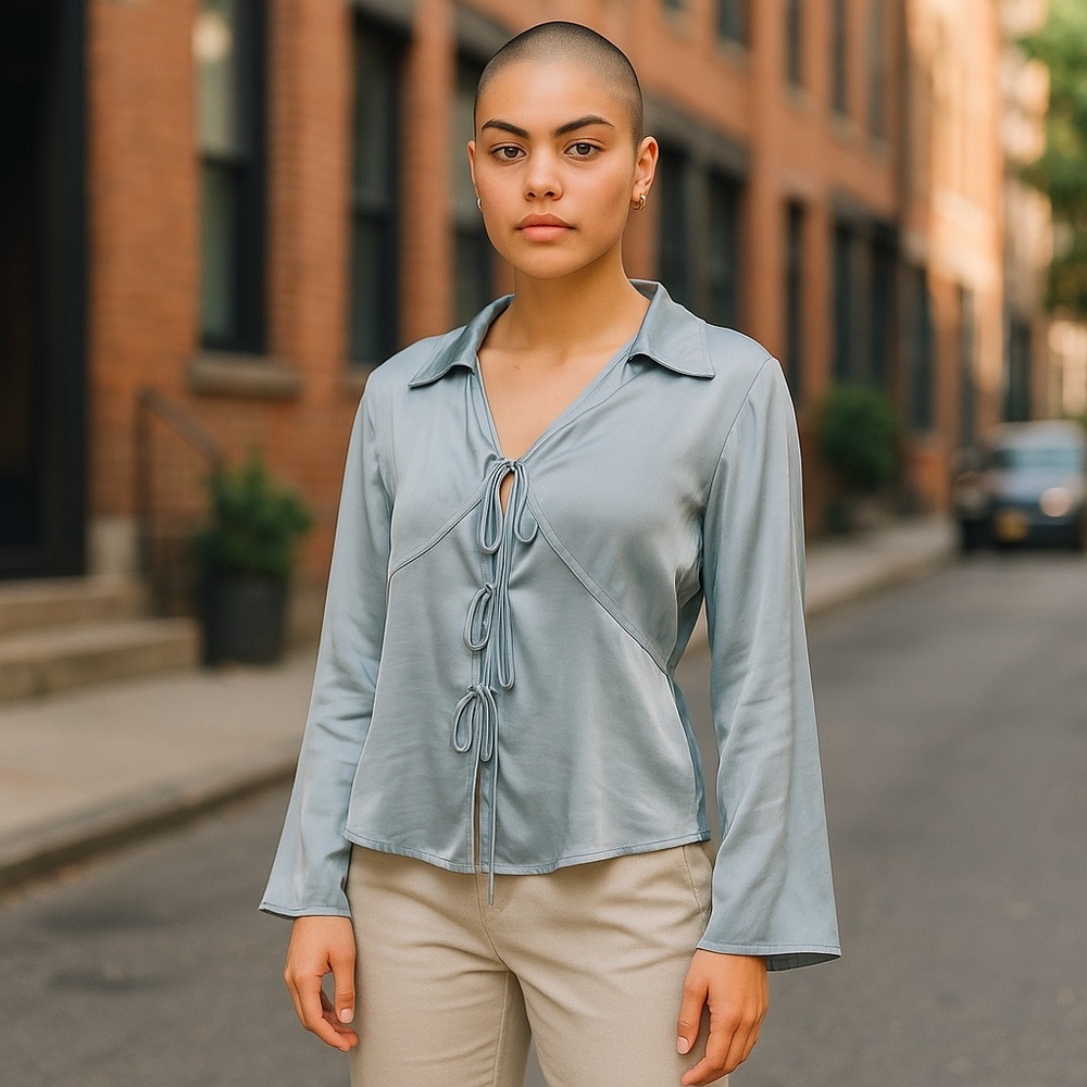 a new day Light Blue Tie-Front Blouse